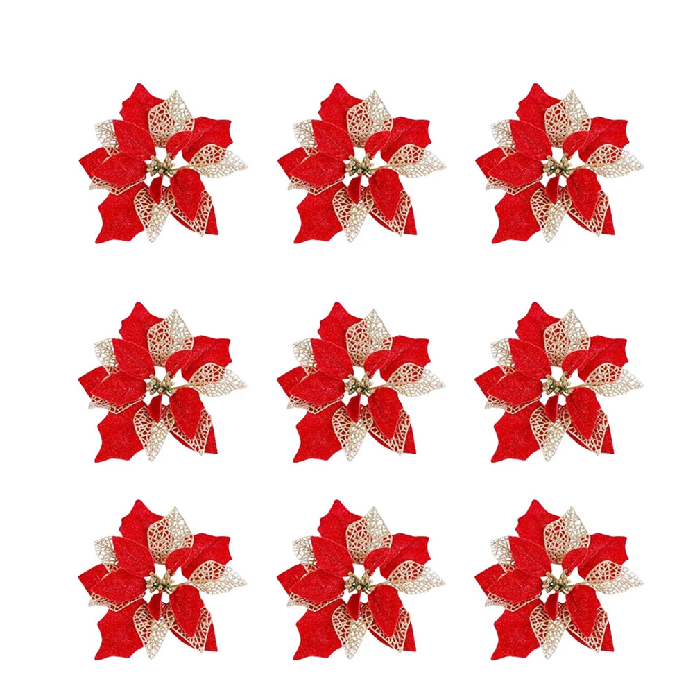 

10pcs Christmas Tree Ring Decoration Flowers Craft Artificial Red Flower Ornament for Party Wedding Home Decorative Wreath DIY