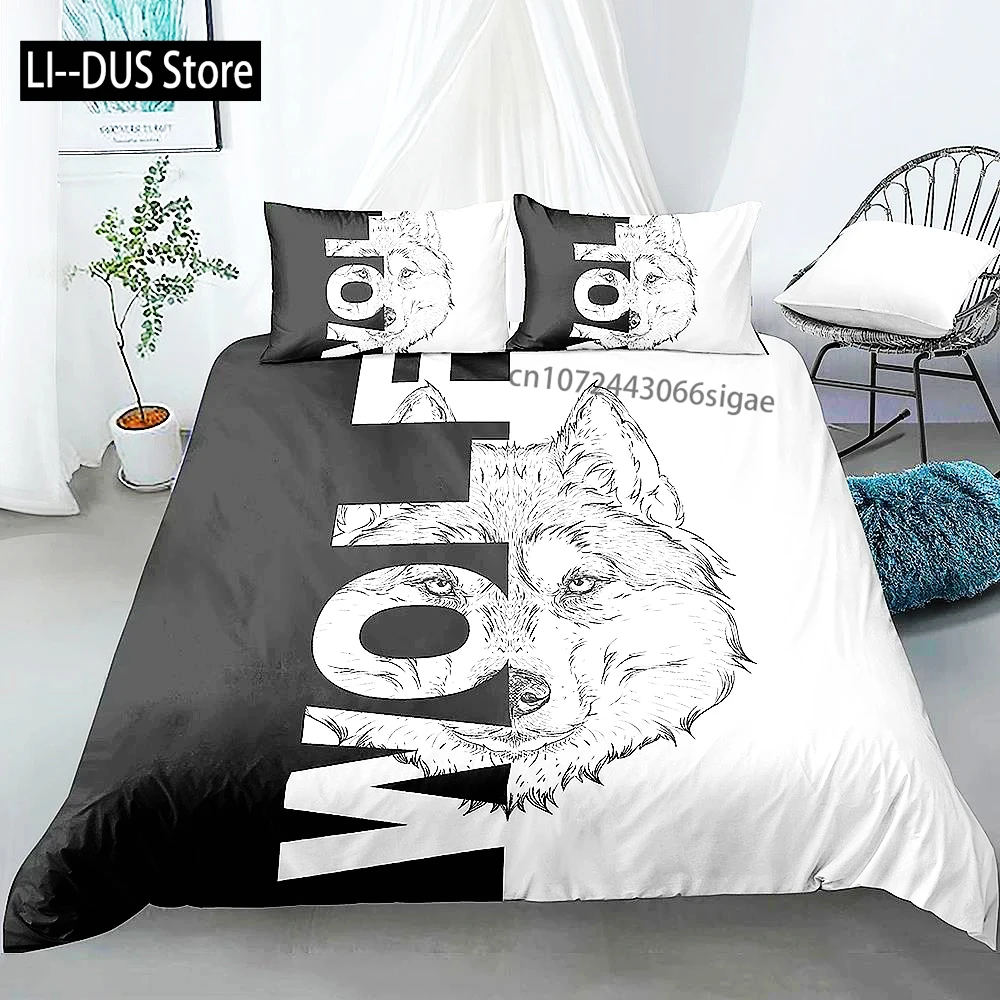 

Wolf Animal Bedding Set King Queen Black White Lion Snake Wildlife Polyester Duvet Cover Set For Men Adults 2/3PCS