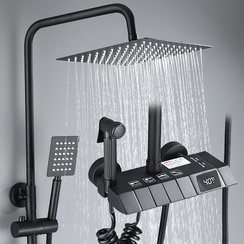 

Gray/White Brass Digital Display Shower Faucet Bathroom Shower Set Hot Cold Shower Mixer Crane Rain Shower Column