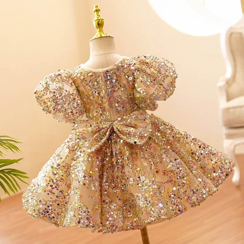 Child Girls Evening Dresses Champagne Gold Luxury 2024 Birthday Party Gown Sequin Pageant Formal Dress Teen Wedding Prom Frock