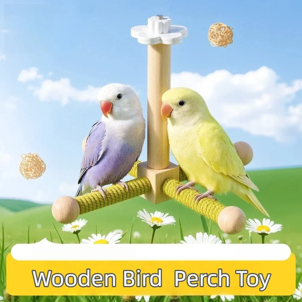 New Wooden Bird Windmill Toy Manual Rotating Non-slip Design Parrot Perch Silent Cage Decor Rotating Bird Perch Interactive Play