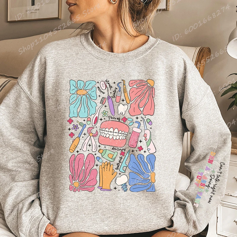 Divertida camiseta con estampado de cosas de asistente Dental para mujer, sudadera de gran tamaño, jerséis de manga larga a la moda, Tops de talla grande, sudadera sin capucha