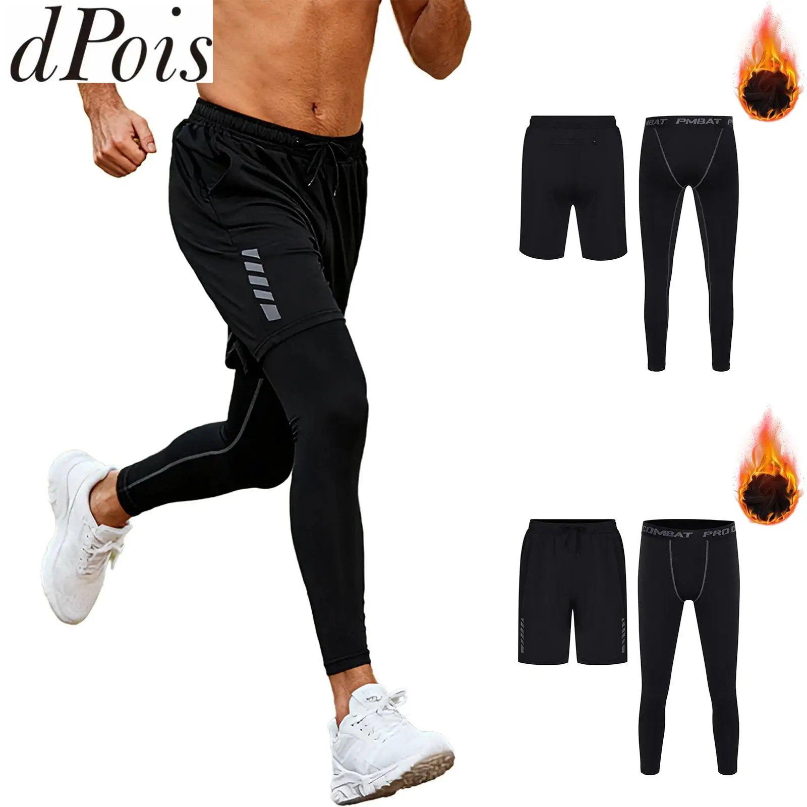 Men 2pcs Athletic Outfit Quick-Drying/Fleece-Lined Leggings with Pocket Drawstring Shorts for Boxing Fitness Sports Running