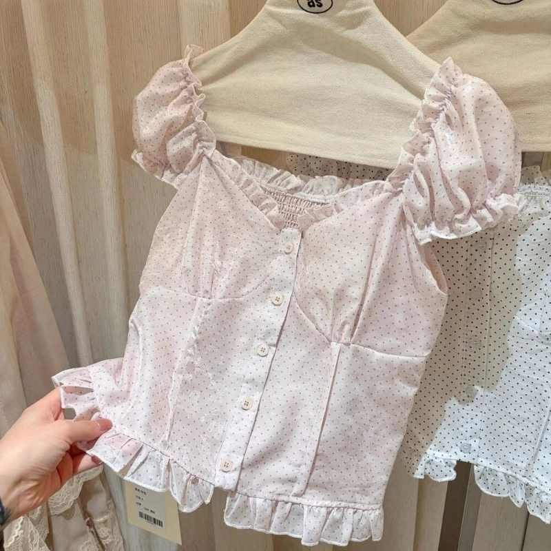 Kawaii Sweet Lolita Blouse Women Polka Dot Puff Sleeve Ruffle Trim Square Neck Button Front Slim Fit Cute Daily Harajuku Fashion