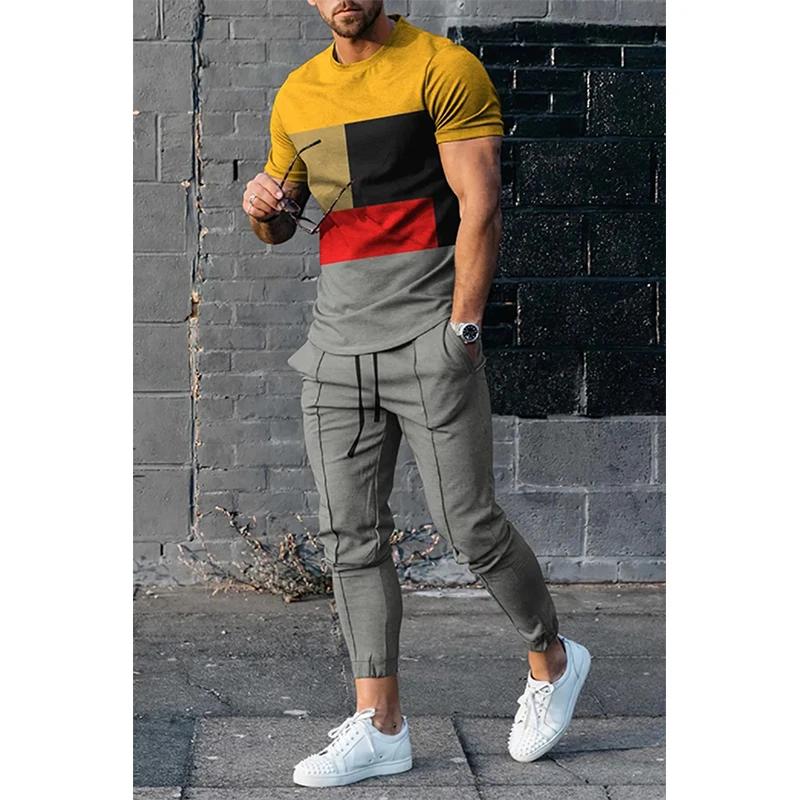 Summer Men\'s T-shirt Long Pants Tracksuit Geometry 3D Print T Shirts Trousers Set 2 Pieces Streetwear Oversized Suits Sportswear