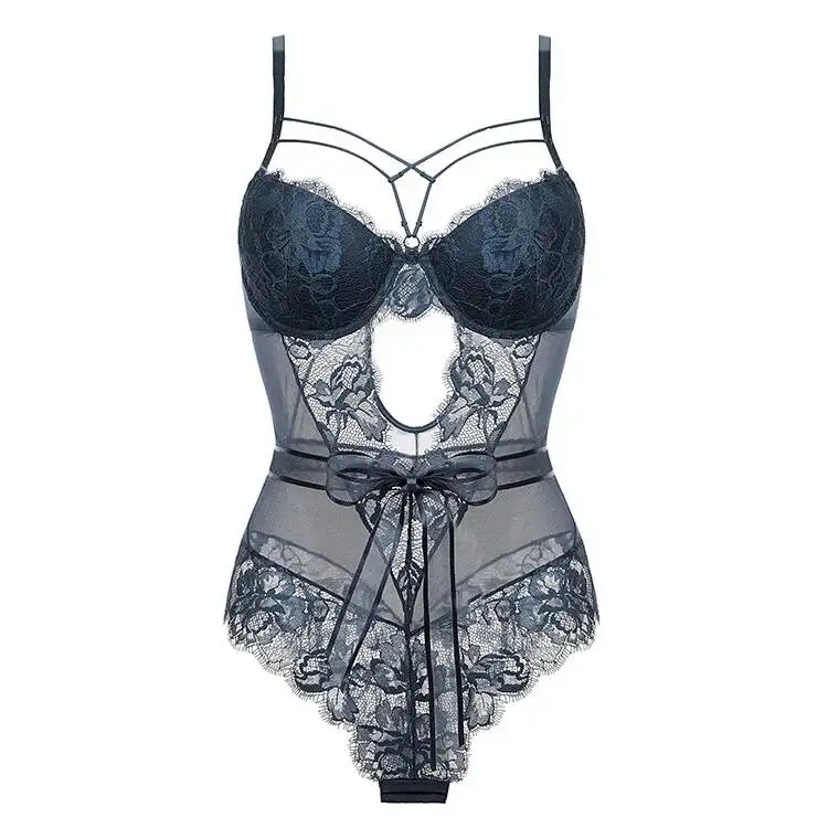 

French Style Sexy Bodysuits Bowknot Transparent Lace Tight Sexy Backless Deep V Suspenders Sleeveless Bodysuits Pure Desire X295