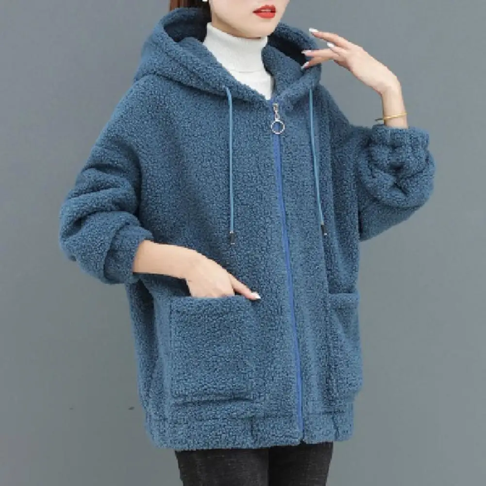 Women Autumn Winter Hooded Coats Long Sleeve Pockets Zipper Placket Thick Plush Cardigan Outwear Streetwear куртка женская