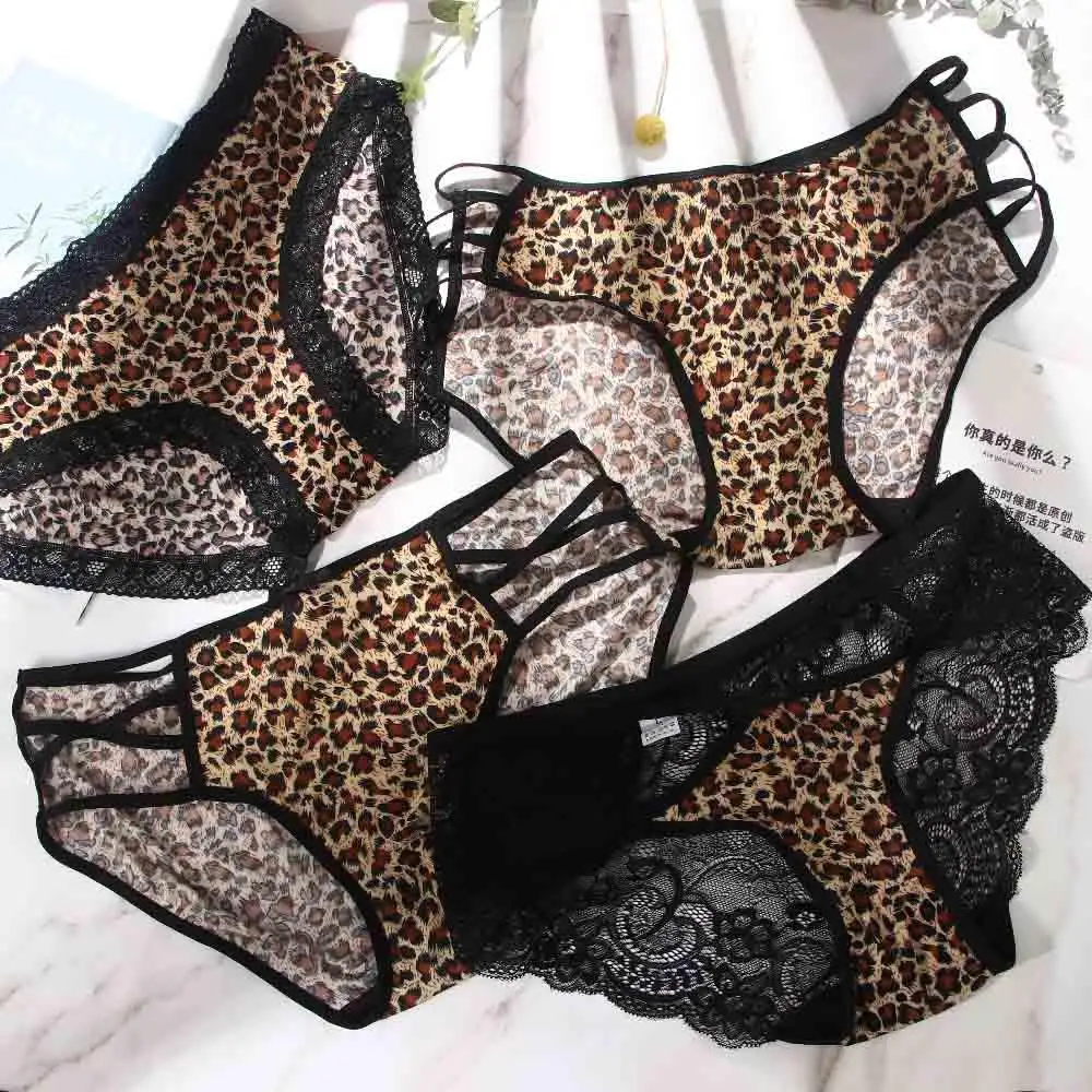 

Women Leopard Low waist Bownot Underwear Briefs Lace Thongs Leopard Panties