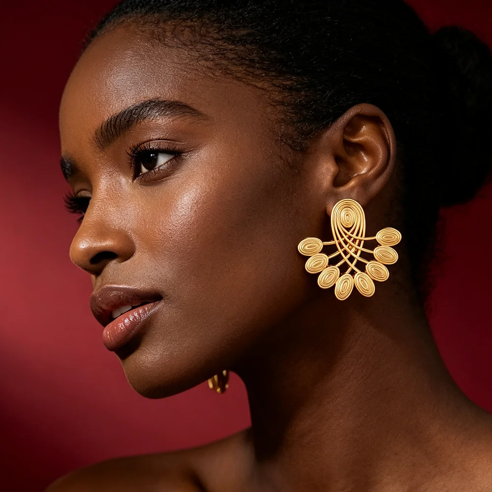 Vintage 18K vergoldetes florales geflochtenes Ohrringe-Ring-Set für Damen, afrikanischer ethnischer Statement-Schmuck, Hochzeitsgeschenk – Detail 5