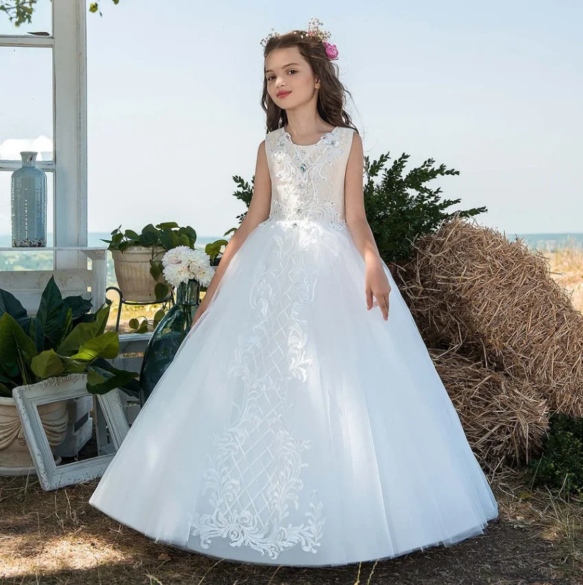 High Quality Princess Flower Girl Dress for Wedding Party Applique Ball Gown Lace Up Back Girls First Communion Dress