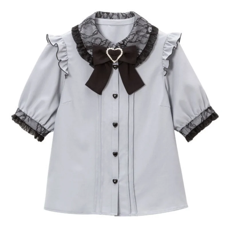 Lolita Shirt Girls Shirts Sweet Bow Lace Solid Color Blouse Tops 2023 Spring Summer Woman Japanese Style Tops Sleeve Blusas