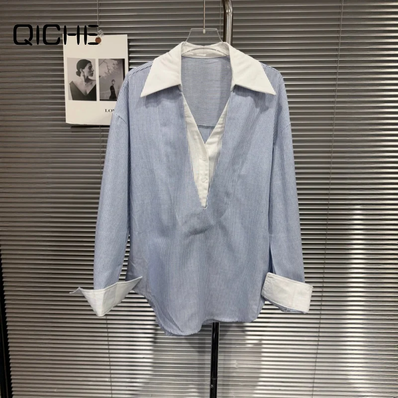 QICHE 2026 Early Autumn Women Layered‑Look Loose Blouse Color‑Block Spliced Stripe Lapel Shirt