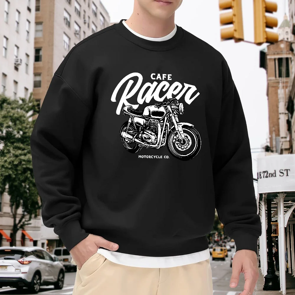 

Men's Black Crew Neck Pullover Sweatshirt with Motorcycle Graphic Print, Loose Fit Top, Street Fashion Casual Style, Versatile and Comfortable for Everyday Wear, Breathable