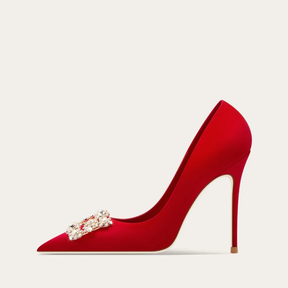 

Red Satin High Heel Wedding Shoes with Detachable Gold Rhinestone Buckle Chinese Bridal Shoes