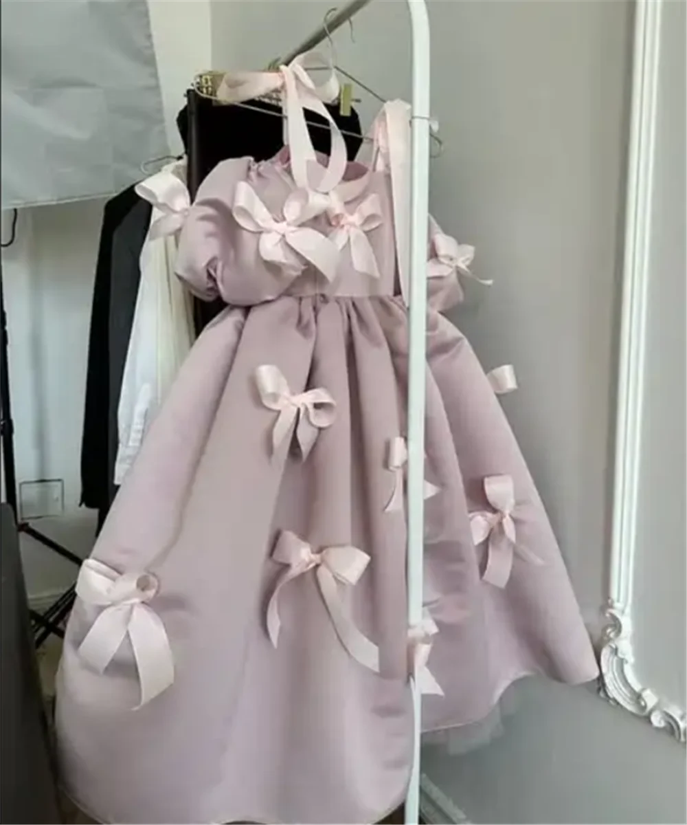

Cute Blush Pink Puffy Long Little Girl Dresses With Bow Flower Girls Dresses Daughter Birthday Party Dresses