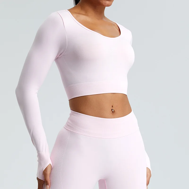 Yoga T-shirts Women Crop Top Solid Sports Top Long Sleeve Seamless Running Shirts Exposed Navel Quick Dry Fitness Gym Sport Wear