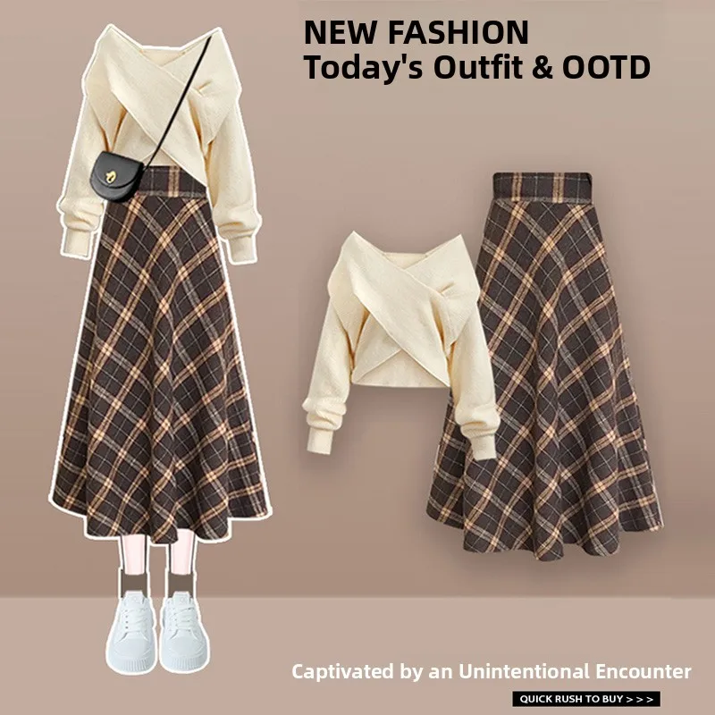 Salt Series Faion Set Women's Autumn Long Sve Cheered  Skirt High Waist V-ne Two-piece Suit Ele Feel