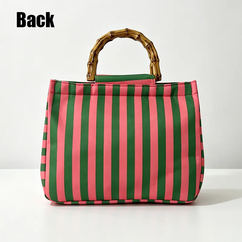 Einfache Damen-Tragetasche mit vertikalen Streifen in Pink und Grün, frische Handtasche mit gestreifter Textur in Farbblock-Optik – Detail 9
