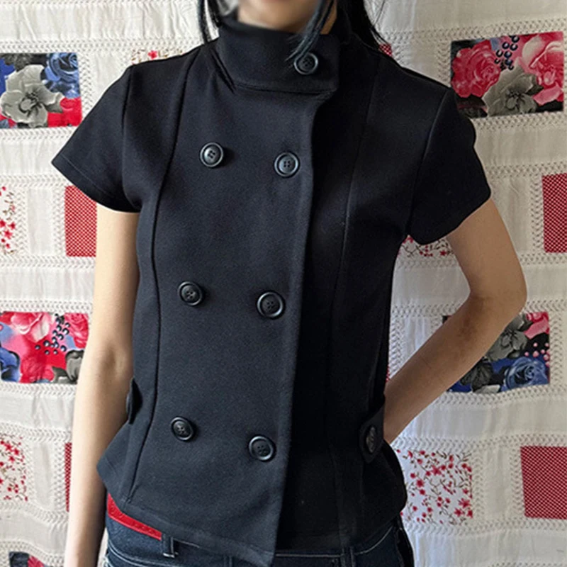 New Women's Korean Street Stand Collar Summer Button Versatile Stand-up Collar Cinched Gothic Ins Style