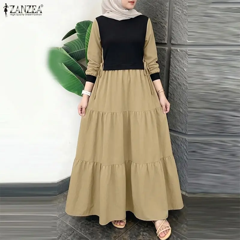 

2026 ZANZEA Women Patchwork Muslim Abaya Dress O Neck Long Sleeve Pleated Sundress Casual Maxi Dresses Kaftan Ramadan Robe Femme