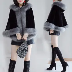 4 Colors Women Faux Fur Collar Poncho Cape With Hat Knitted Thick Winter Warm Cardigan Cappa Big Pendulum Wedding Loose Shawl