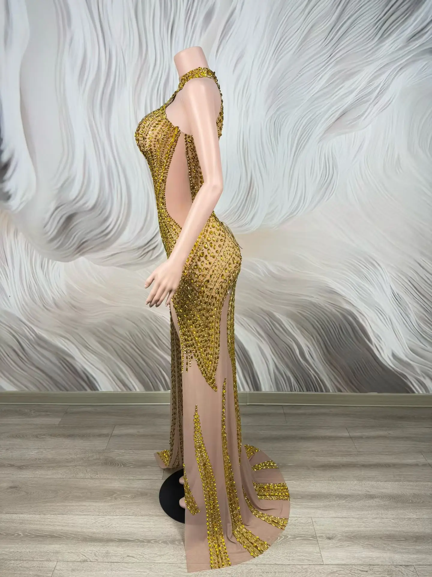 Jinchan Gold Rhinestone Mermaid Evening Gown High Neck Deep Cutout Sheer Mesh High Slit Long Party Dress - view 6