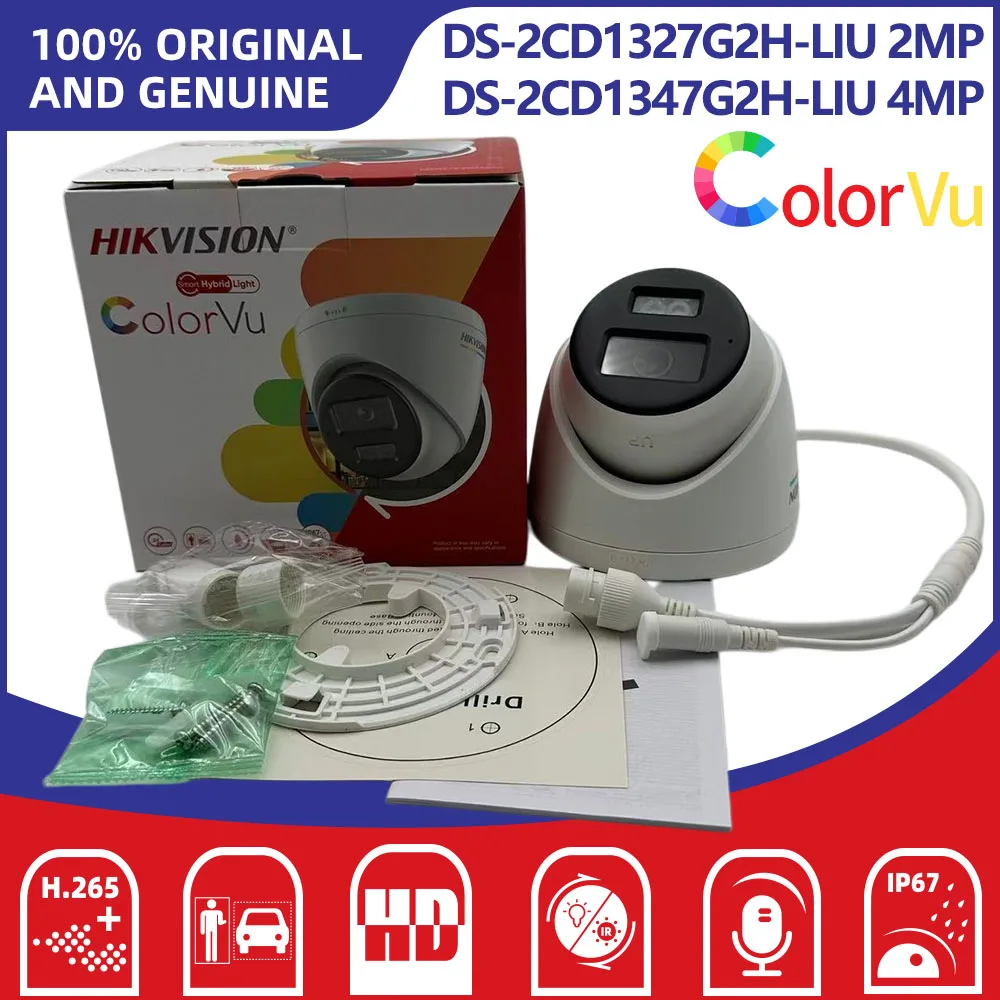 Cámara IP Hikvision DS-2CD1327G2H-LIU 2MP DS-2CD1347G2H-LIU 4MP ColorVu Smart Hybrid Light, Tipo Torreta Fija, H.265+, Micrófono Integrado, IP67