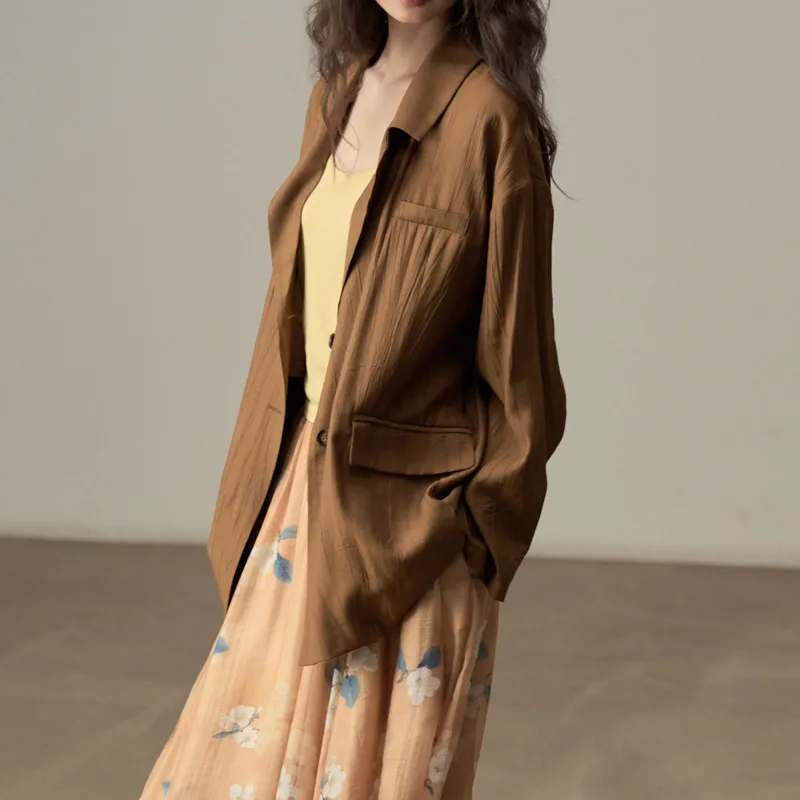 KWTX 2025 Spring Summer Women’s Vintage Streetwear 2-Piece Set Casual Pleated Shirt & Wide Leg Pants Coffee Luxury High Quality