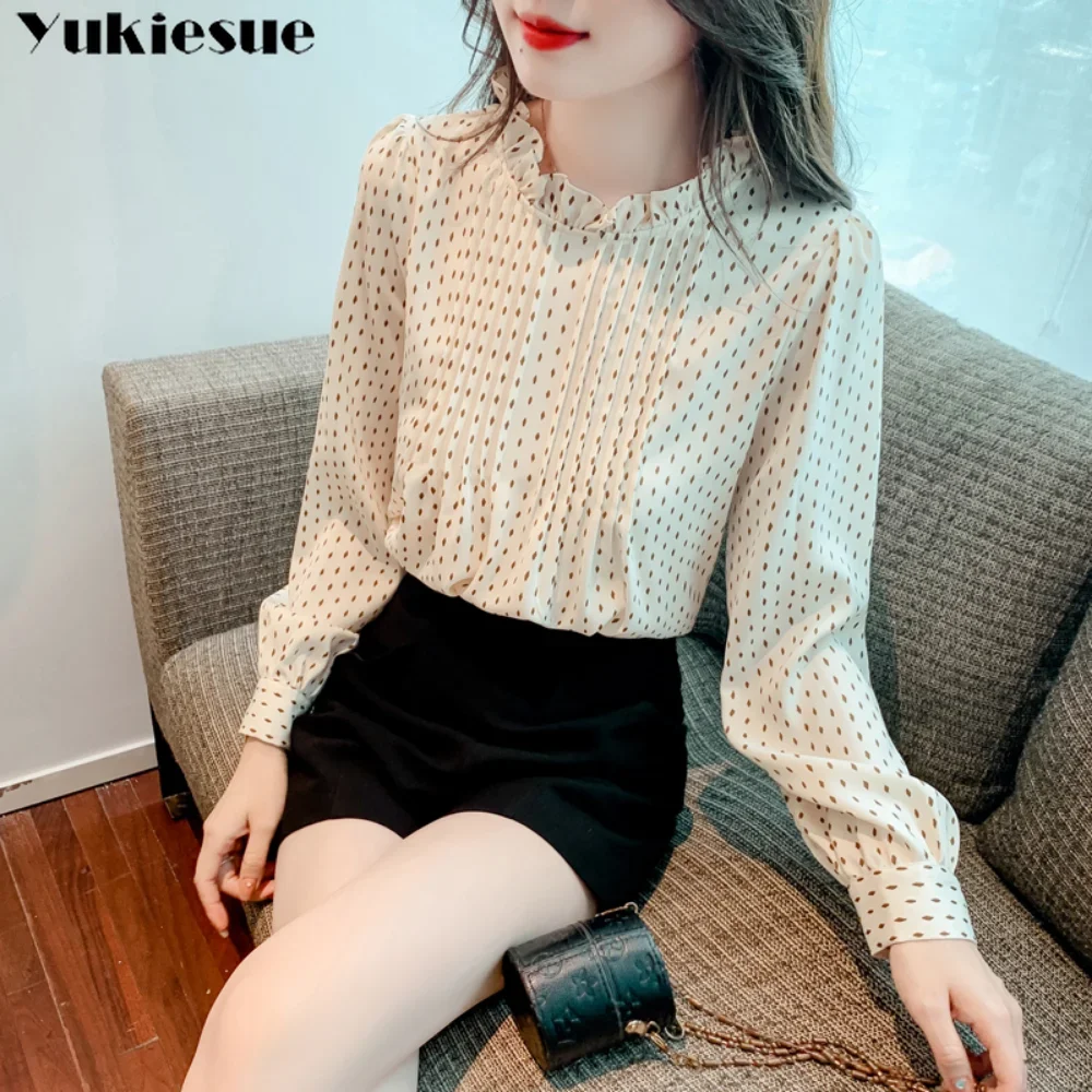 Col pressé plissé imprimé chemise printemps Style col montant en mousseline de soie chemise femmes à manches longues esthétique coréen vent doux