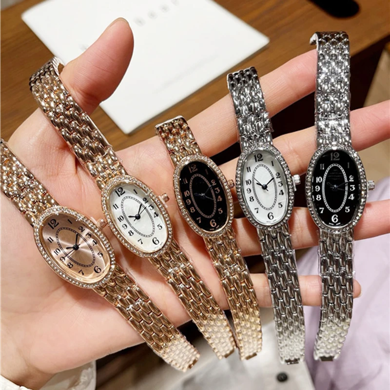 Fashion Brand Wrist Watches Woman Girl 21mm Oval Crystal Style Quartz Steel Metal Band Luxury Clock Lo07