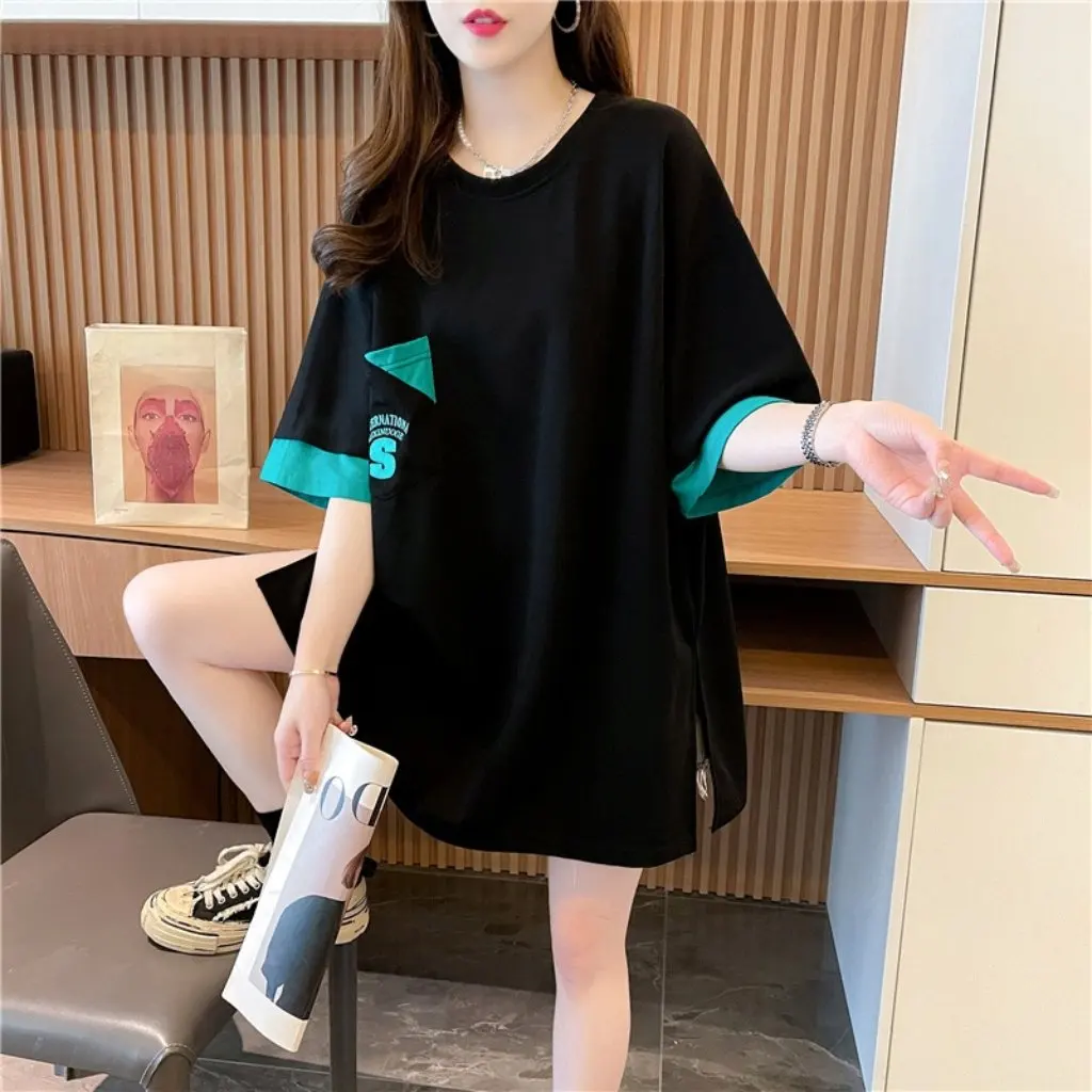 

Summer New Loose Casual round Neck T-shirt Color Matching All-match Design Top for Women