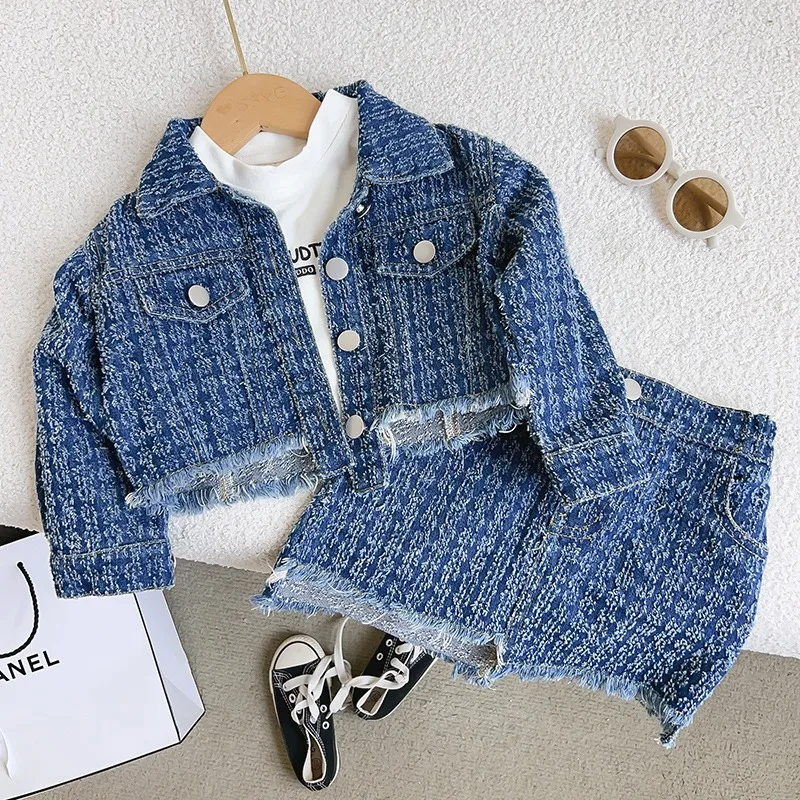 

Girls Set 2025 Apring Autumn Fashion Preppy Long Sleeve Blue Solid Color Denim Jacket Coat Short Skirt Two Piece Set
