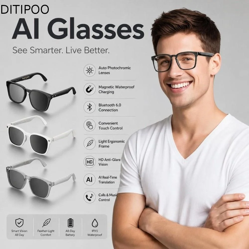 Wireless AI Translator Smart Glasses with Bluetooth Music Streaming Hands-Free Bluetooth Glasses Call Functions Sell Waterproof