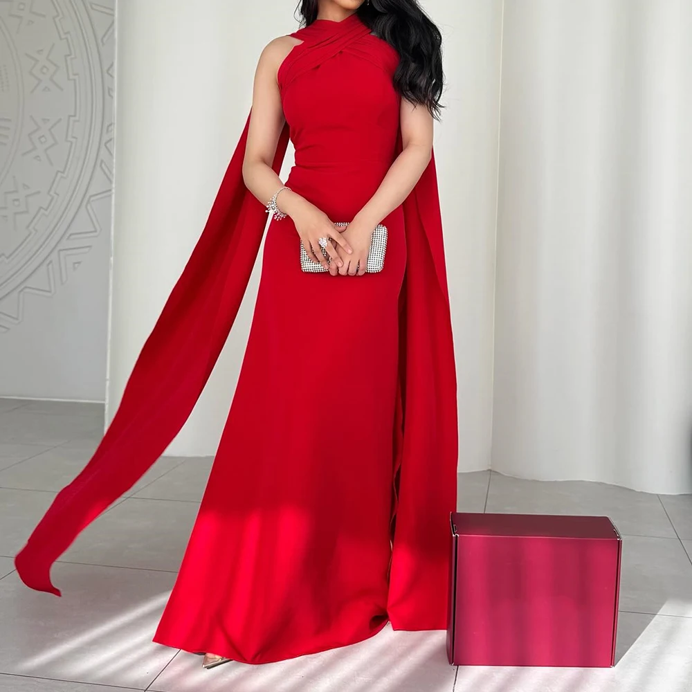 

Customized A-line Evening Dresses Floor-length High-neck Sleeveless Prom Gown Fashion Pleat Stole Simple Draped Party Gown