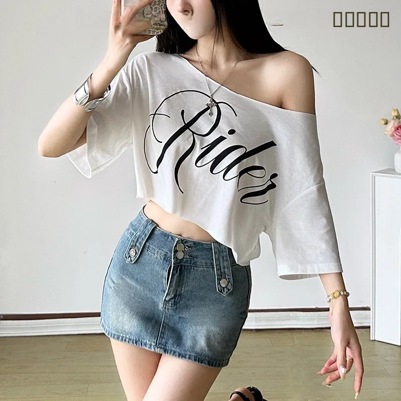 

Sexy Lace Patchwork Slim Fit Dr Spring Season oulder Bared Design Print ort Sve Women's T-irt Cotton Material