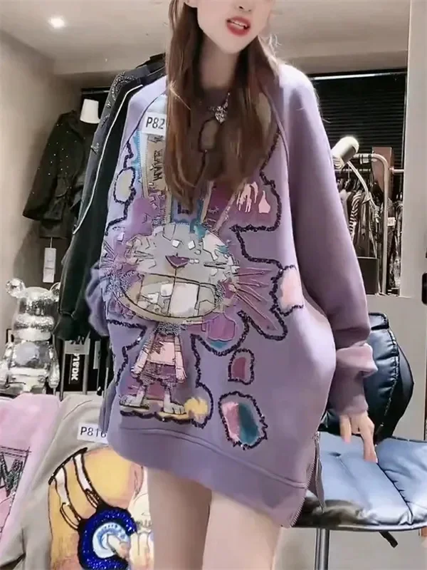 

Утепленная женская толстовка средней длины с длинными рукавами и принтом мультяшного кролика, на флисовой подкладке, в корейском стиле, с круглым вырезом