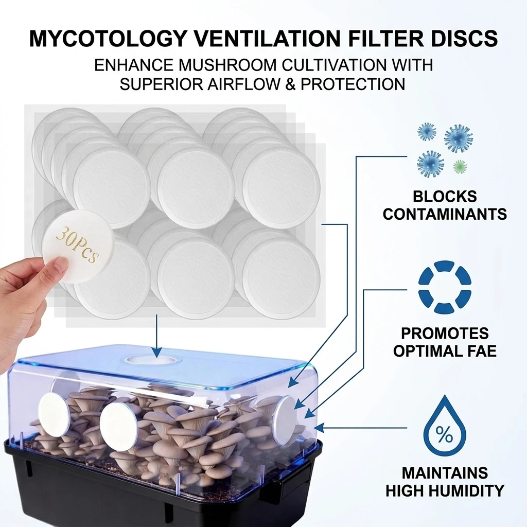30Pcs Monotub Adhesive Filter Disks Monotub Filters Cotton Humidity Retention Screen for Mushroom Growing Supplies Filter Pad