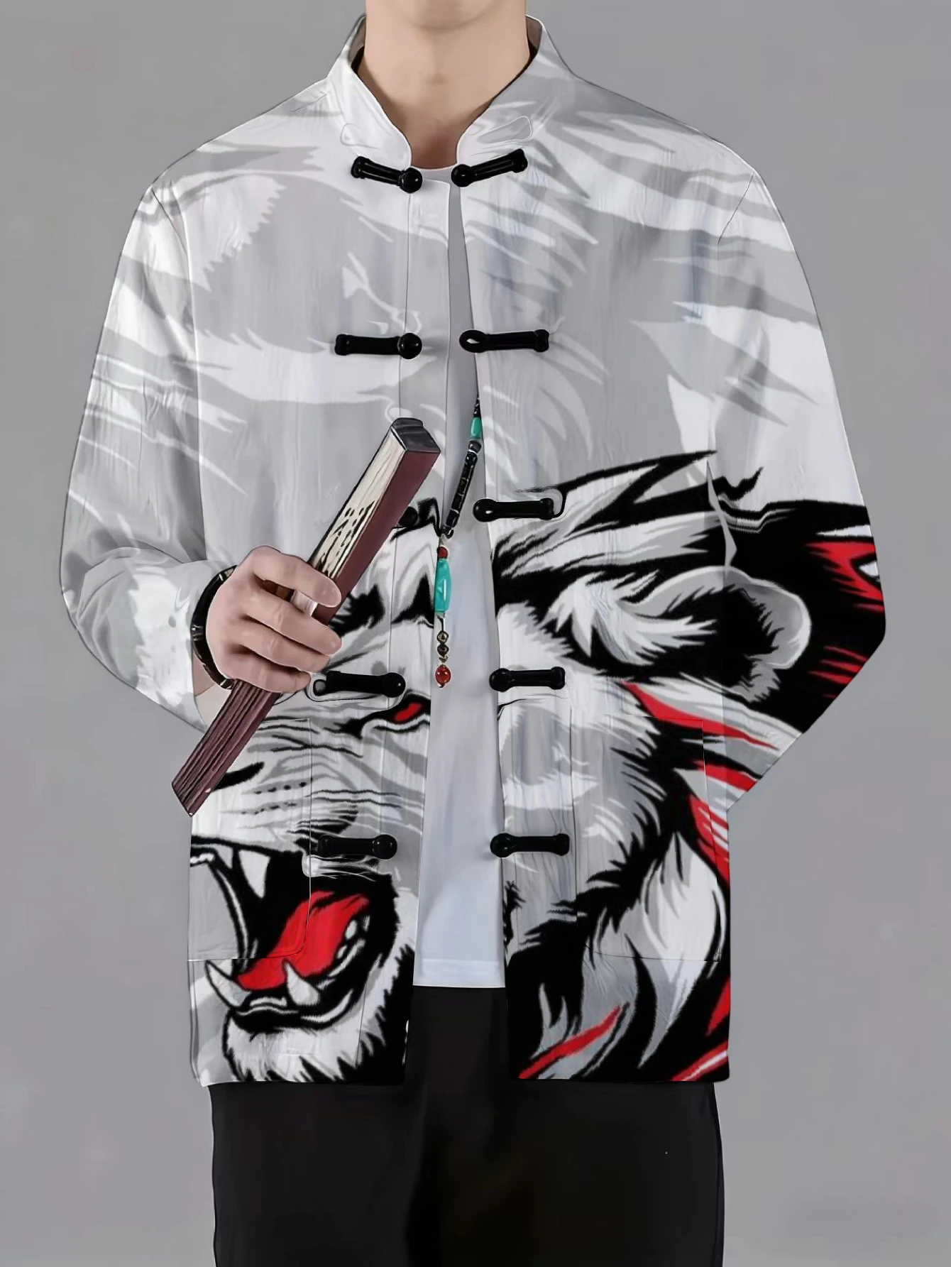 Men Mandarin Collar Frog Button Jacket Wolf Panda Skull Tiger Ink Art Print Traditional Outerwear
