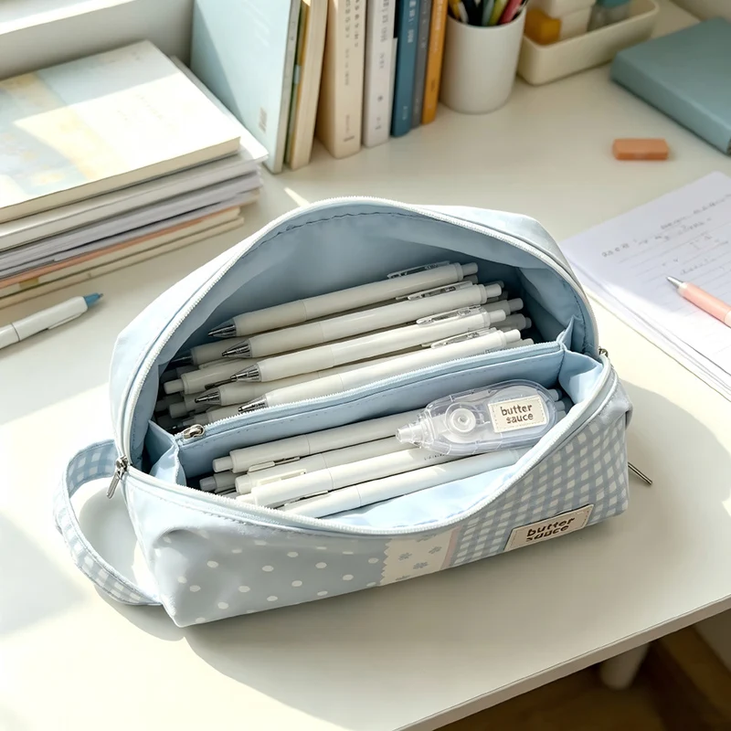 Portable Plaid Polka Dot Print Pencil Case Shell Shape Large Capacity Pen Bag with Handle Stationery Organizer Gift