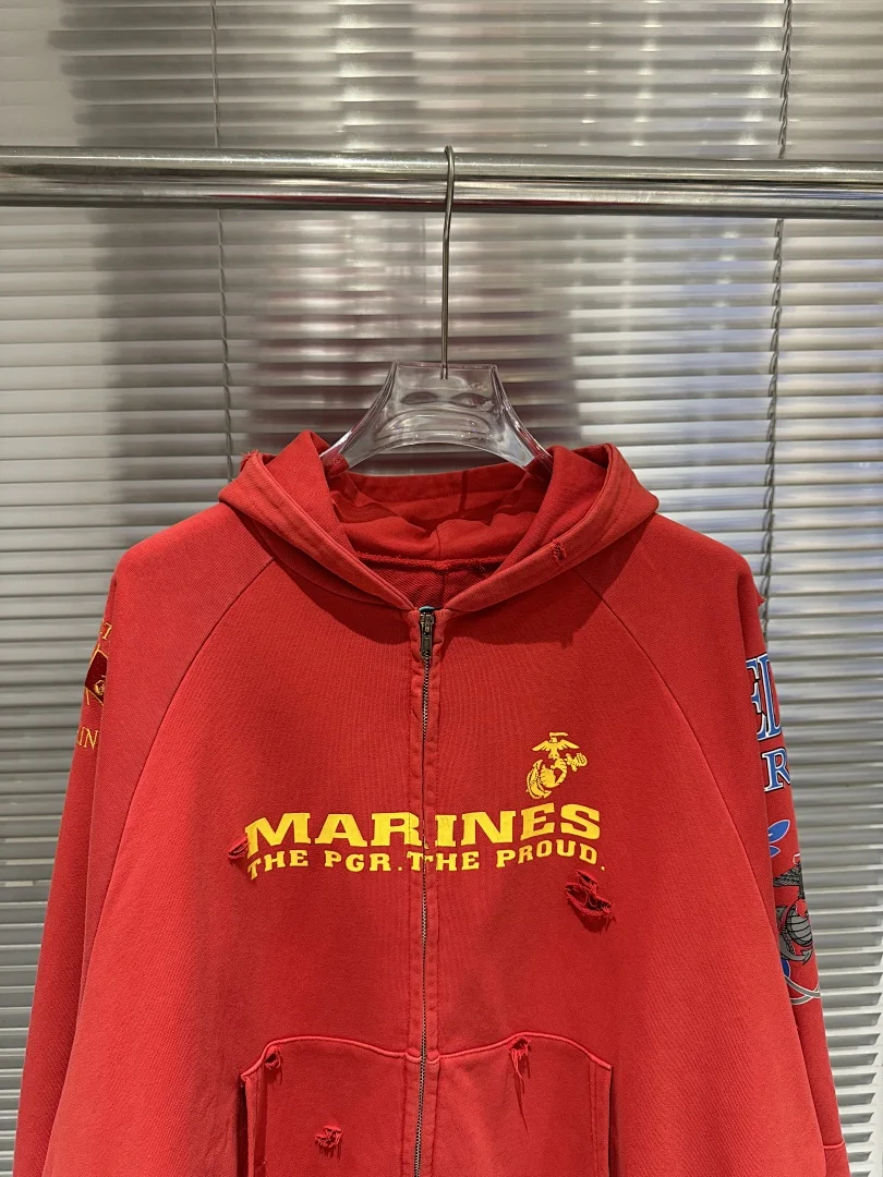 25SS Marines Embroidered Zip-Up Hoodie Unisex Vintage High Quality Washed Ripped Patchwork Fake Two-Piece Streetwear Jacket