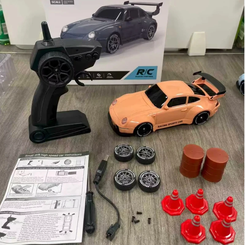 New 1/24 Scale 4WD Remote Control Drift Car RTR – High Performance Powerful Full Throttle RC Vehicle with Tires Road Barriers