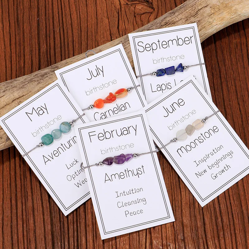Unregelmäßige Naturstein Armband Monate Karte für Frauen Kristall Geburts stein Perlen handgemachte Seil Charm Armbänder Geburtstag Schmuck