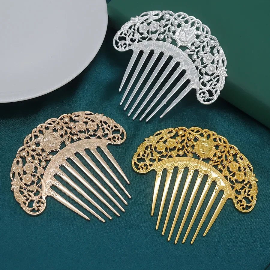 Nowa chińska spinka do włosów Retro grzebień do włosów Hanfu Dish spinka do włosów ozdoba do włosów pusty rzeźbiony grzebień złoty ornament metalowy grzebień