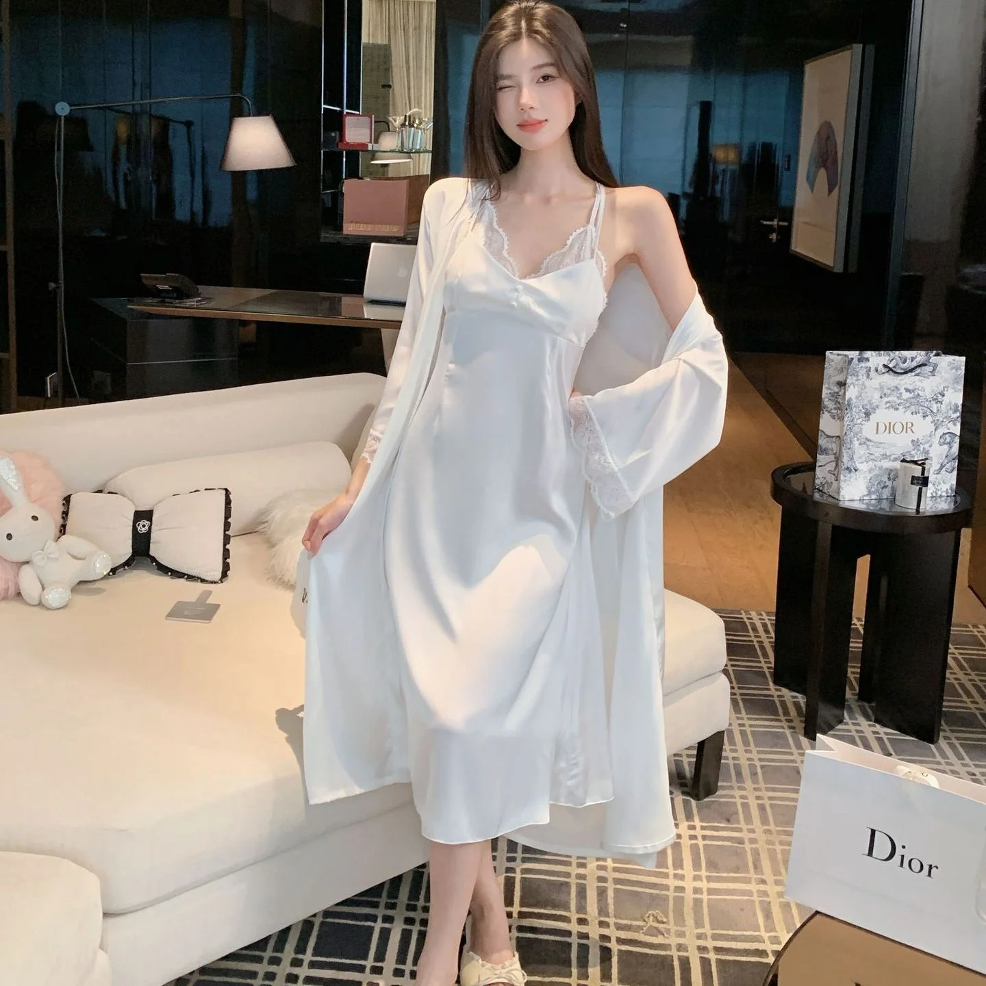 春夏新作-ロング丈-アイスシルク-レディース-ネグリジェセット-セクシーな寝間着-胸パッド付き-ツーピース-スリープローブ-vネック-ノースリーブ-ホームウェア-快適