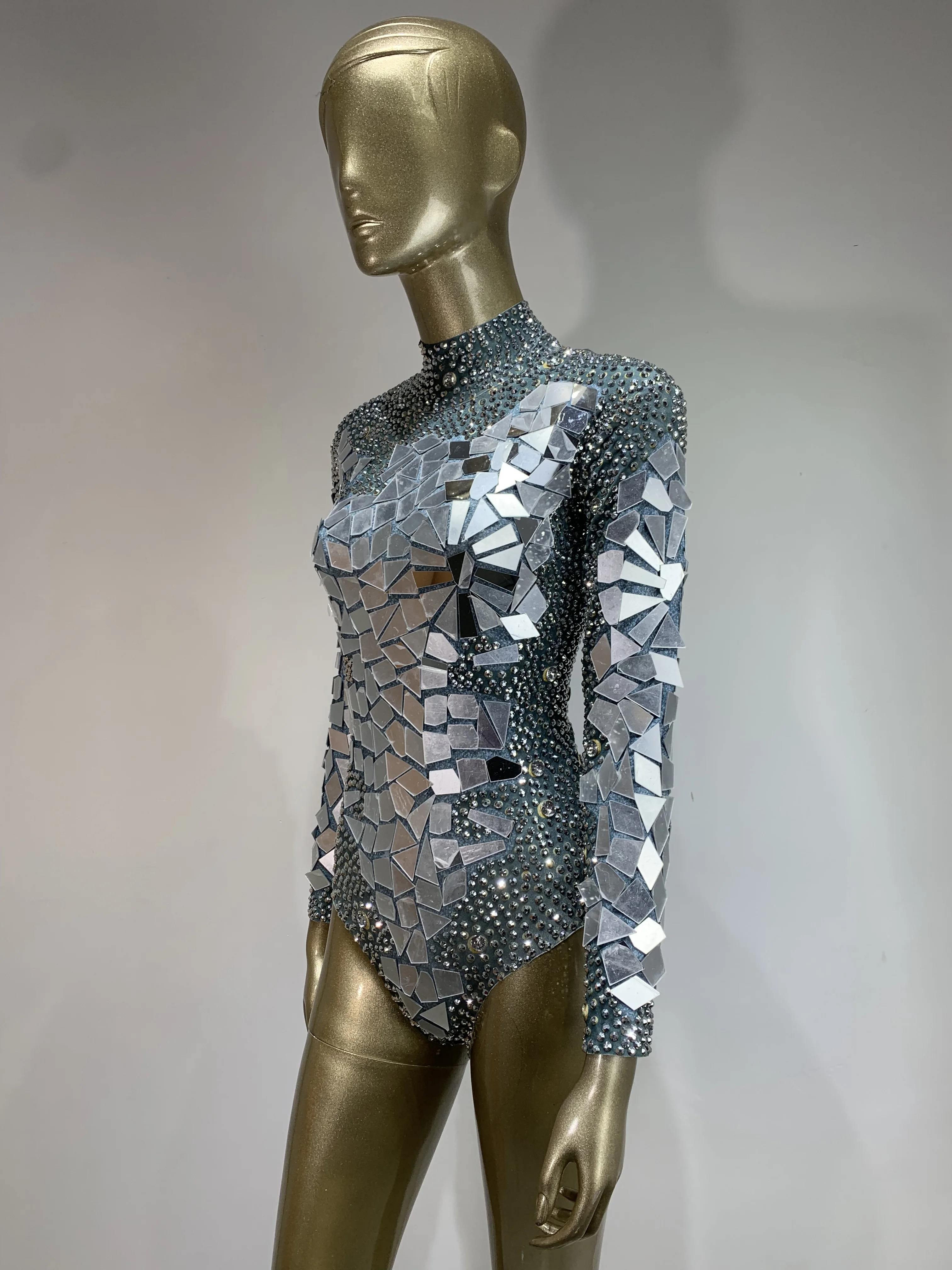 Women Sexy Sparkly Sliver Rhinestone Sequin Stretch Bodysuit Performance Costume Evening Party Singer Dancer Stage Perform Wear