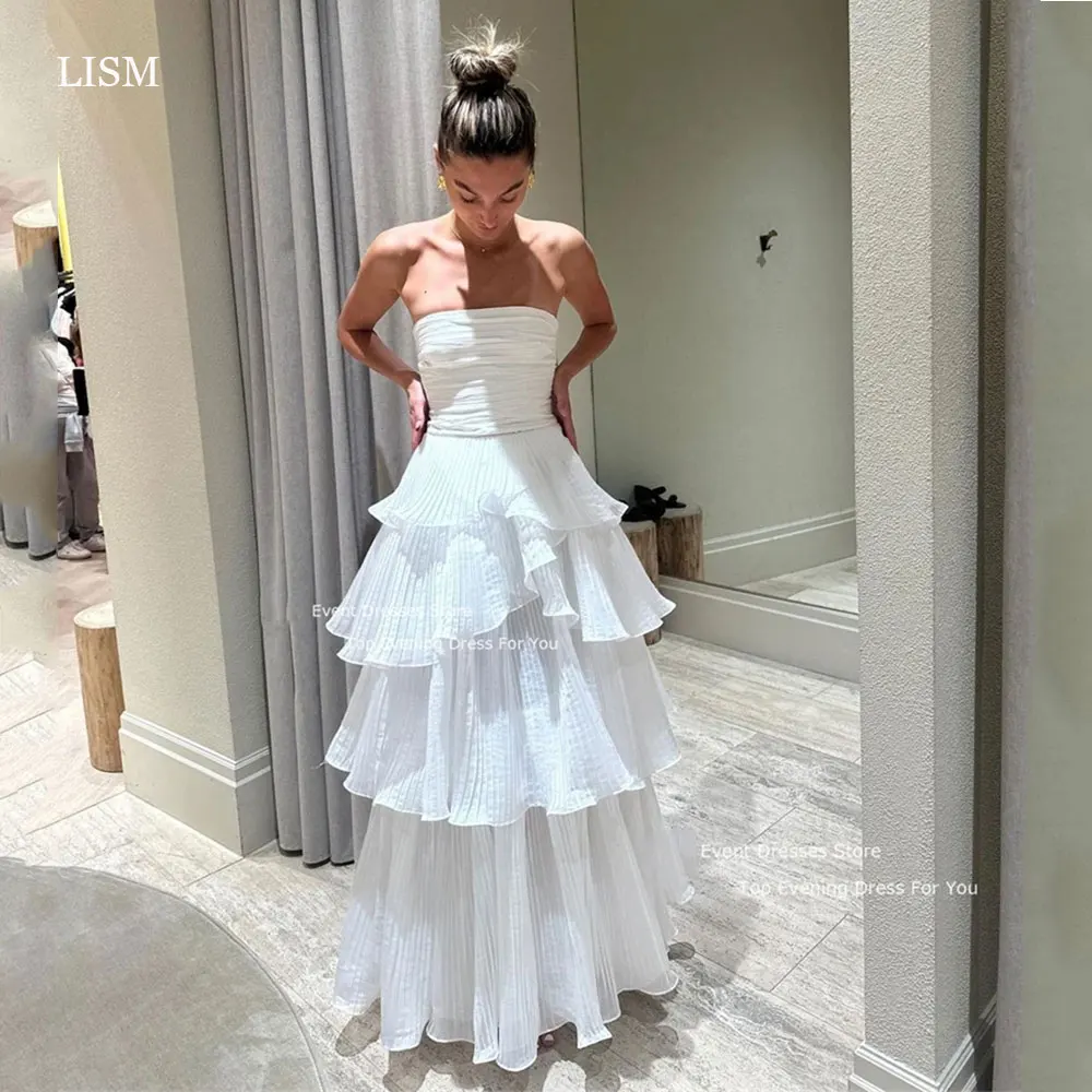 

LISM White A-Line Long Evening Dresses Tiered Sleeveless Formal Occaion Prom Dress vestidos de fiesta Prom Gowns Wedding Party