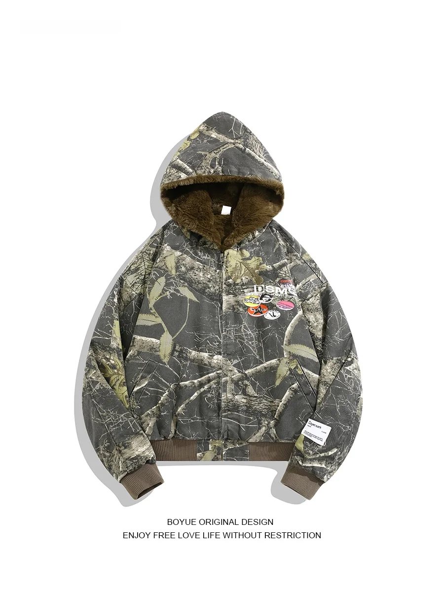

Boyue Thiened Hooded Jaet Camouflage Pattern ex Streetwear Hip Hop Sle Warm Cotton Coat for Youth Spring Autumn Winter