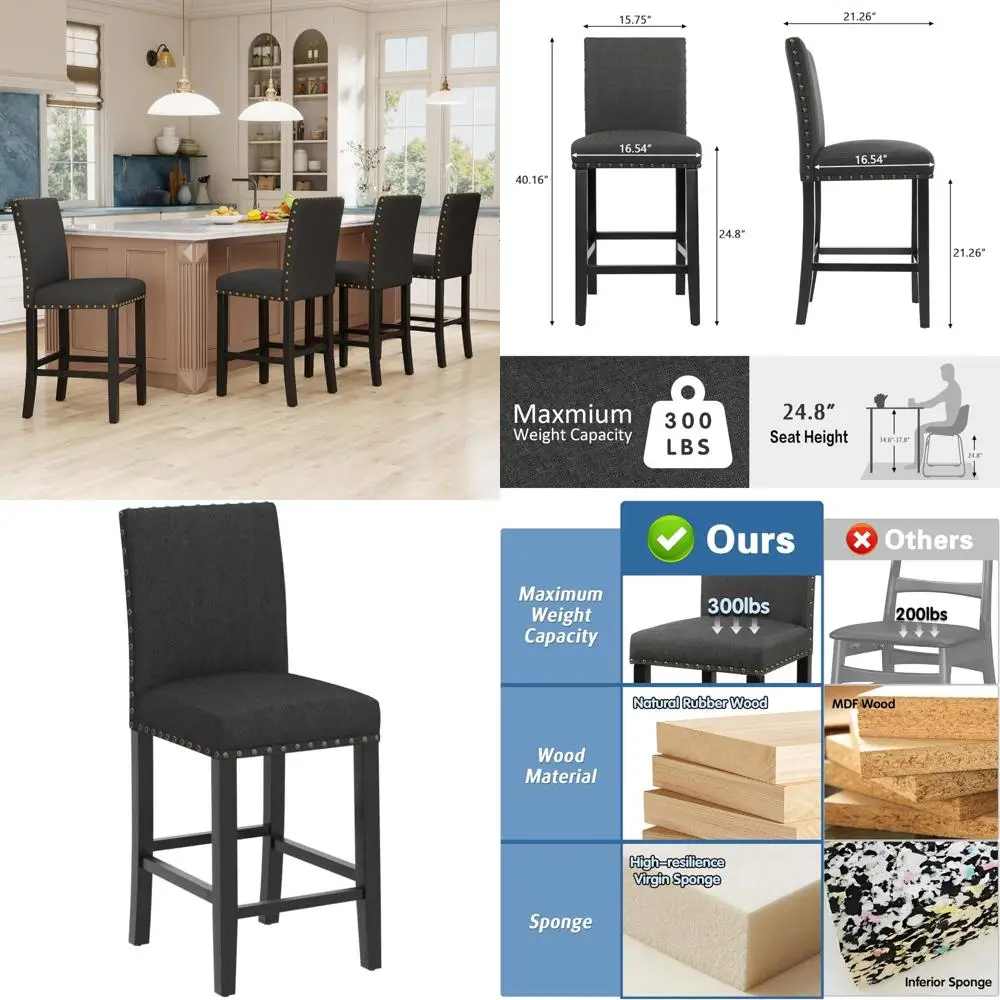 مجموعة من 4 مقاعد بار حديثة من جلد البولي يوريثان مقاس 24 بوصة مع زر خلفي معنقدة وإطار معدني ذهبي #1