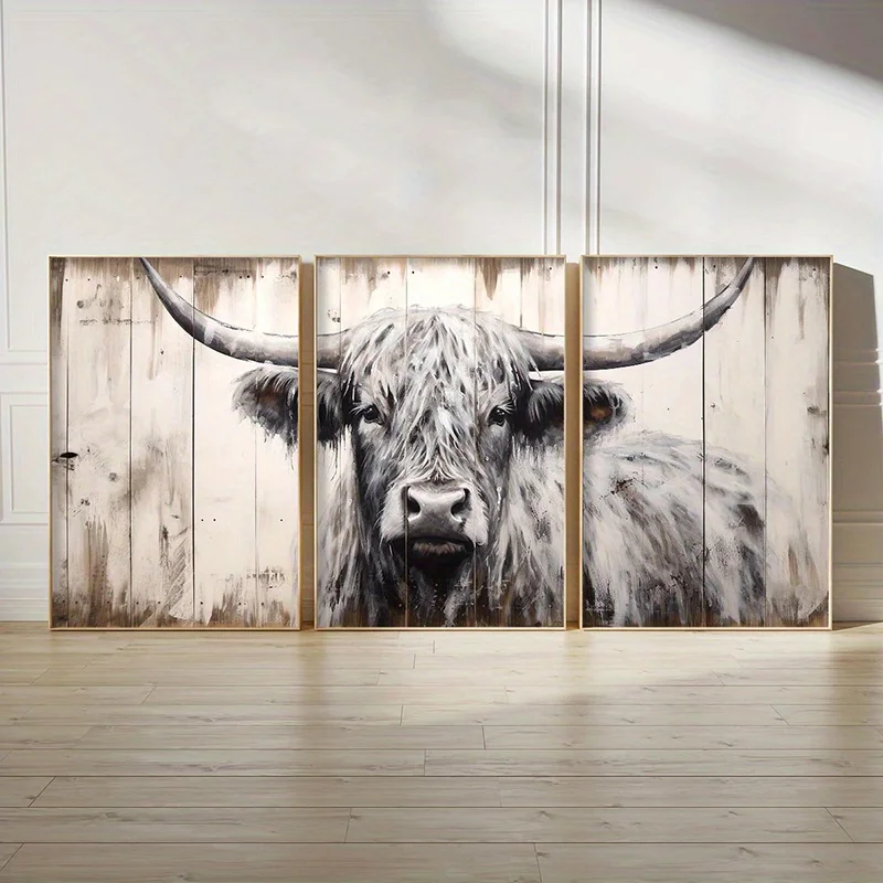 3pcs Highland Cow Canvas Wall Art Set, Unframed Vintage Farmhouse Animal Prints, Rustic Country Decor for Living Room, Bedroom,