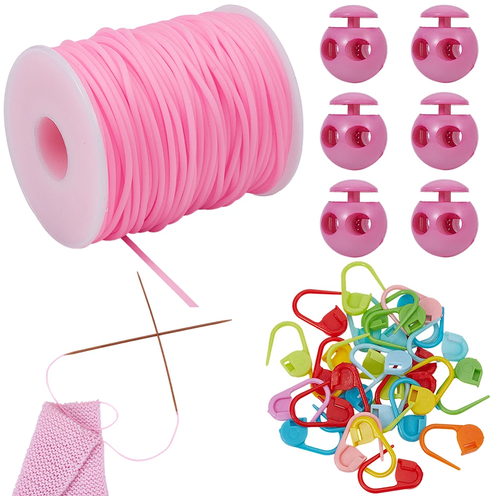 30Pcs Knitting Stitch Marker 50M/54.68 Yards Hollow Pipe Rubber String 6Pcs Plastic Cord Locks Pink Crochet Locking Stitch